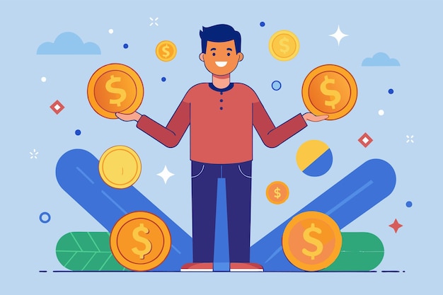 Vector a man holding stacks of coins with a dollar sign symbolizing wealth and financial success a man with various currency coins simple and minimalist flat vector illustration