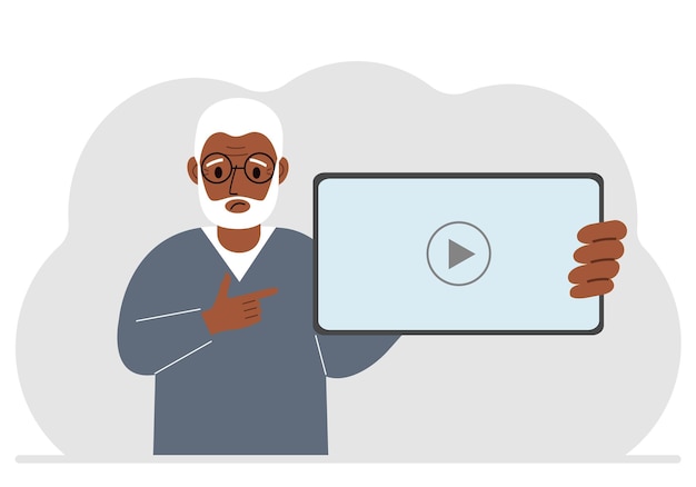ビデオ プレーヤーとタブレット コンピューターを保持している男フラット スタイルのマーケティング コンセプト ベクトル フラット図