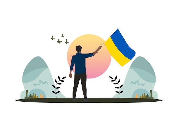 ロシアのためのウクライナの旗のキャラクターイラストデザインを保持している男ウクライナ紛争