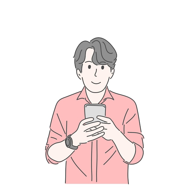 スマートフォンを持って使用している男性。手描きの文字ベクトルスタイル。