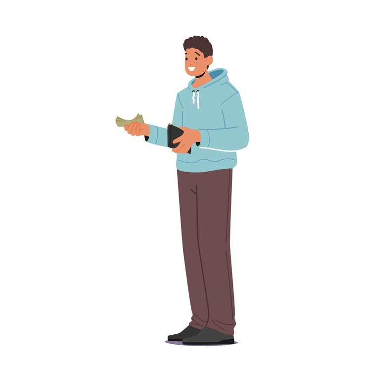 Vector man holding wallet and banknotes in hands isolated on white background young male character paying buying goods