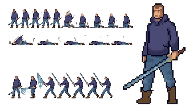 Vettore uomo che tiene il personaggio di legno atack pixel art pronto per l'uso nel foglio sprite aseprite di animazione e gioco