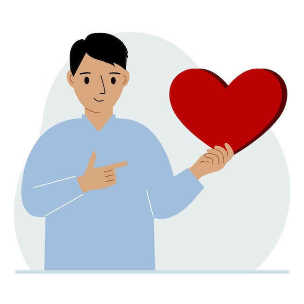 Vector a man holds a big red heart in his hand the concept of volunteering romantic relationship or love