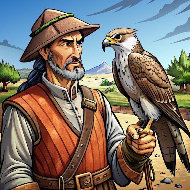 Vector a man holds a bird that has a hawk on his hand