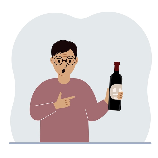 Мужчина держит в руке бутылку алкоголя или вина Шокированный человек, страдающий тяжелой алкогольной зависимостью Концепция злоупотребления алкоголем