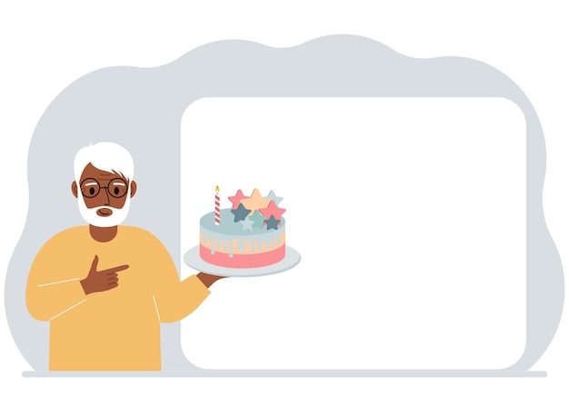 Vector a man holds a cake in his hand nearby is a white poster for text birthday or holiday