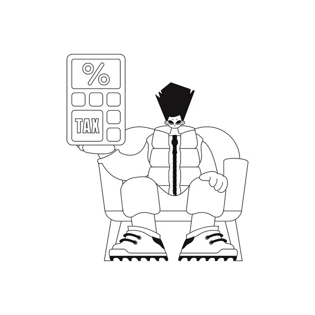 Man holds calculator, linear drawing style, vector art.