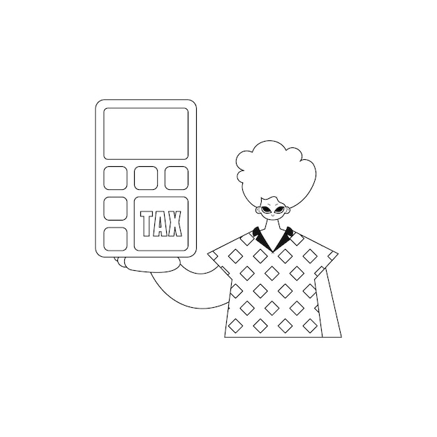 Man holds calculator linear style vector illustration.