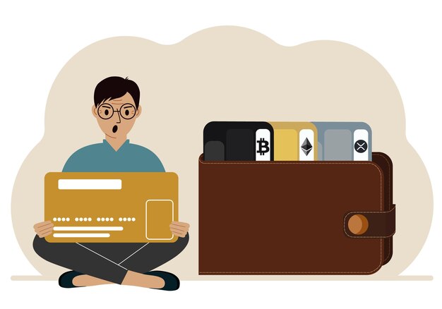 A man holds a card next to a wallet with different cards for cryptocurrencies Internet wallet digital money transactions exchange platform cold wallet or hardware wallet