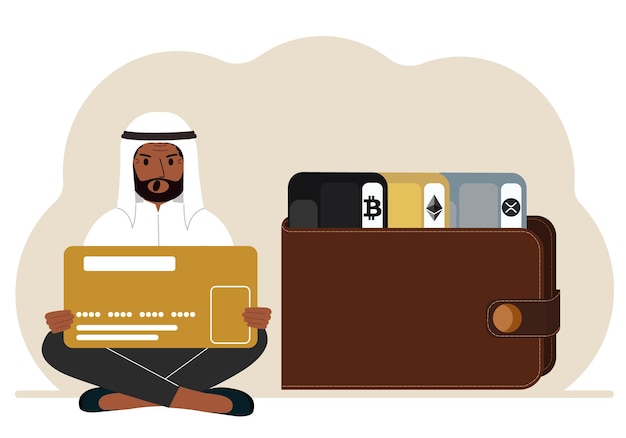 한 남자가 암호화폐 인터넷 지갑 디지털 화폐 거래 교환 플랫폼 콜드 지갑 또는 하드웨어 지갑을 위한 다른 카드가 있는 지갑 옆에 카드를 들고 있습니다.