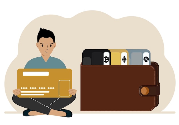 A man holds a card next to a wallet with different cards for cryptocurrencies Internet wallet digital money transactions exchange platform cold wallet or hardware wallet