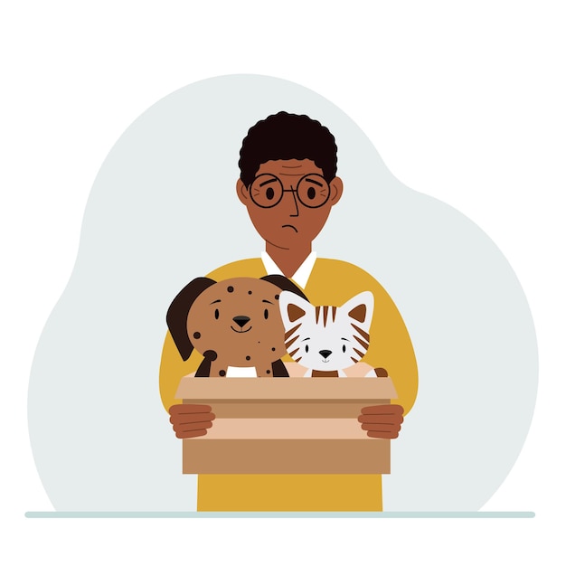 Vector a man holds a cardboard box with a cat and a dog the concept of rescue help and care for pets