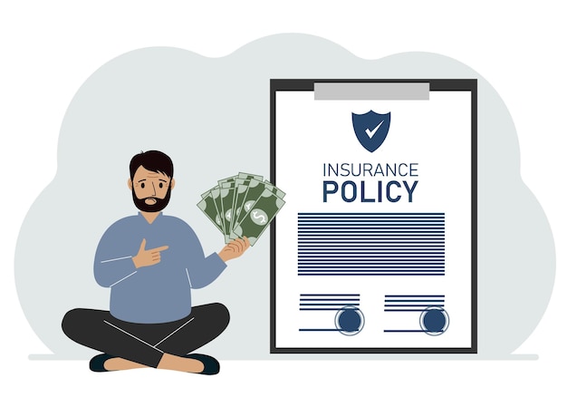 A man holds cash in his hands next to a large insurance policy The concept of registration and payments under the insurance policy