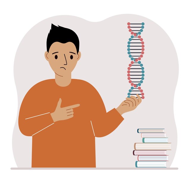 A man holds a DNA model in his hand and there are many books nearby