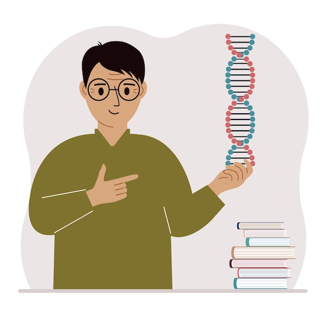 한 남자가 DNA 모델을 손에 들고 근처에 많은 책이 있습니다.