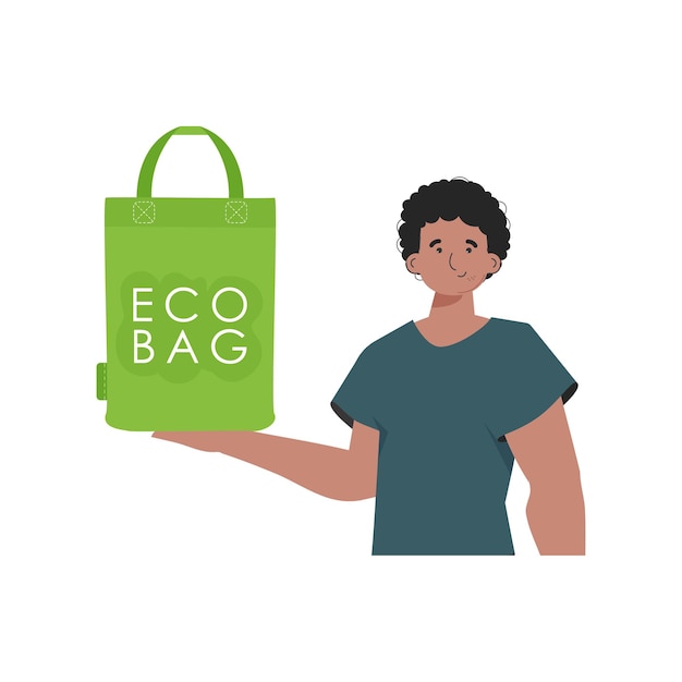 A man holds an ECO BAG in his hands Concept of green world and ecology Isolated on white background Trend styleVector illustration