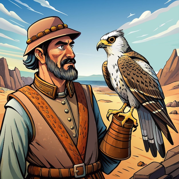 Vector a man holds a falcon on his arm