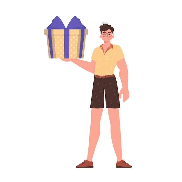 Vector a man holds a festive gift box in his hands modern character style