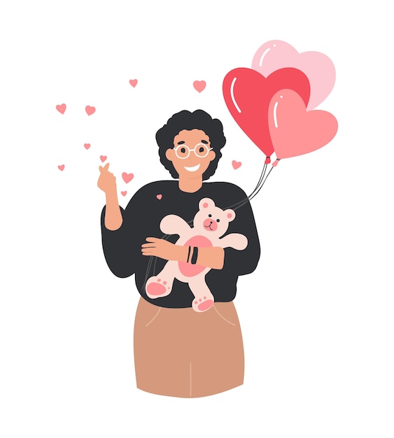 Vector man holds heart balloons and toy bear in hands,  man in love on february 14 with gifts, finger love