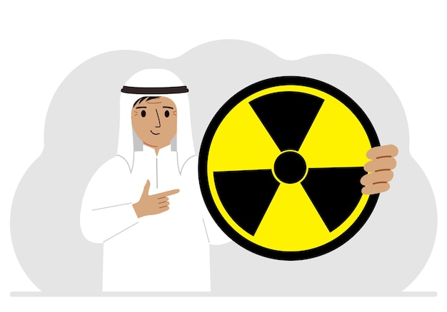 A man holds in his hand a large sign warning about radiation danger Vector flat illustration