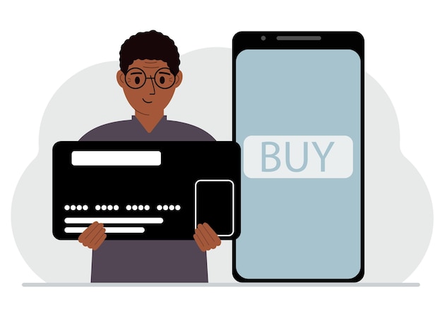 画面に [購入] ボタンがあるスマートフォンの横に巨大なクレジット カードを持っている男性 携帯電話を介したオンライン決済の概念
