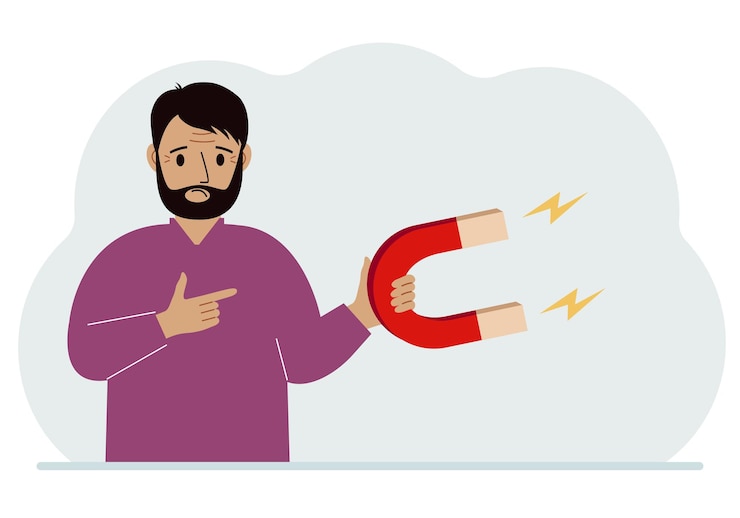 वेक्टर a man holds a huge magnet in his hand attracts new customers money and ideas inbound business marketing technologies lead generation concept