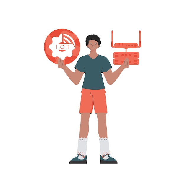 A man holds the internet of things logo in his hands Router and server IoT concept Isolated Vector illustration in flat style