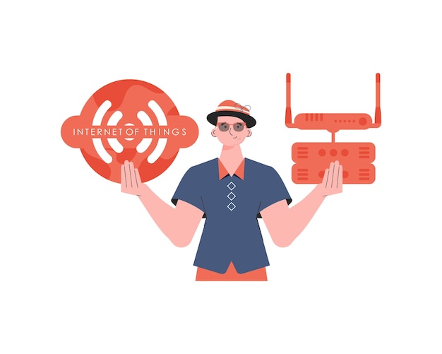 A man holds the internet of things logo in his hands Router and server IoT concept Isolated Vector illustration in trendy flat style