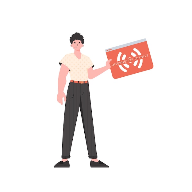 A man holds an IoT logo in his hands IOT and automation concept Isolated Vector