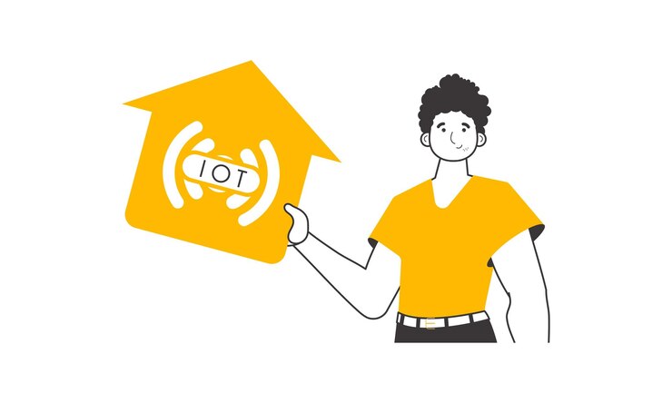 Vector a man holds the iot logo in his hands linear style isolated vector