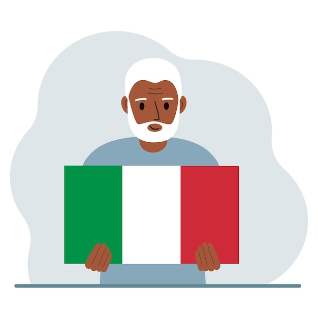 Vector a man holds an italian flag in his hands the concept of demonstration national holiday or patriotism