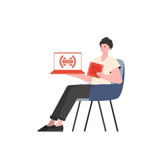 A man holds a laptop and a processor chip in his hands Internet of things and automation concept Isolated Vector illustration in flat style