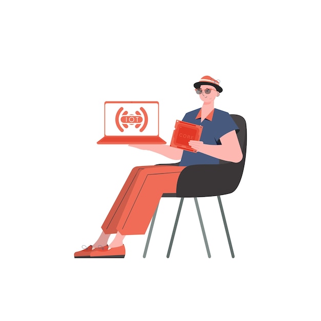 A man holds a laptop and a processor chip in his hands internet of things and automation concept isolated vector illustration in trendy flat style