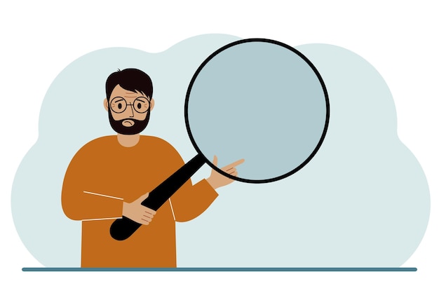 Vector a man holds a large loupe or magnifying glass in his hands