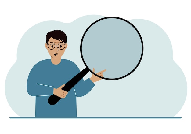 Vector a man holds a large loupe or magnifying glass in his hands