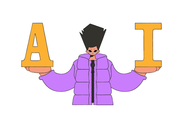 Vector 한 남자가 ai를 묘사한 벡터 아트인 문자 a와 i를 들고 있습니다.