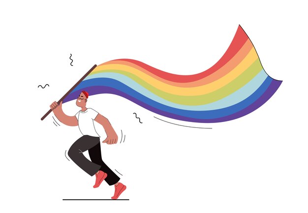 A man holds a lgbt flag in his hands. Isolated boy runs with a flag in his hands in a flat style