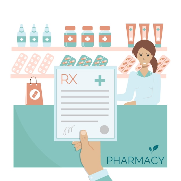 Vector man holds a medical prescription in his hand against the background of a pharmacy with a pharmacist