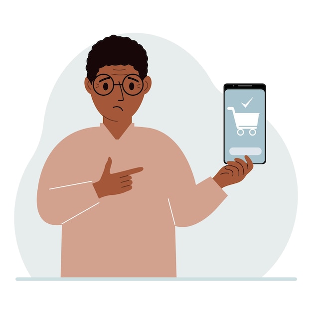 Vector a man holds a mobile phone in his hand with an application for online shopping the phone has a shopping cart