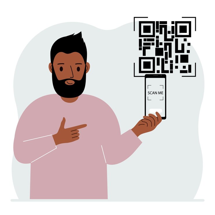 Vector a man holds a mobile phone in his hand with the text scan me and scans the qr code which is located nearby