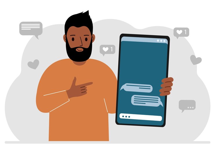Vector a man holds a mobile phone with correspondence and sms messages in his hand