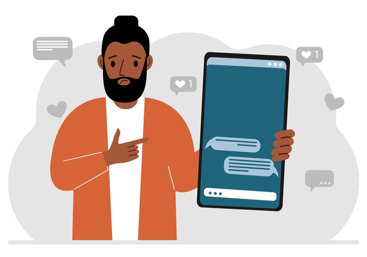 Vector a man holds a mobile phone with correspondence and sms messages in his hand