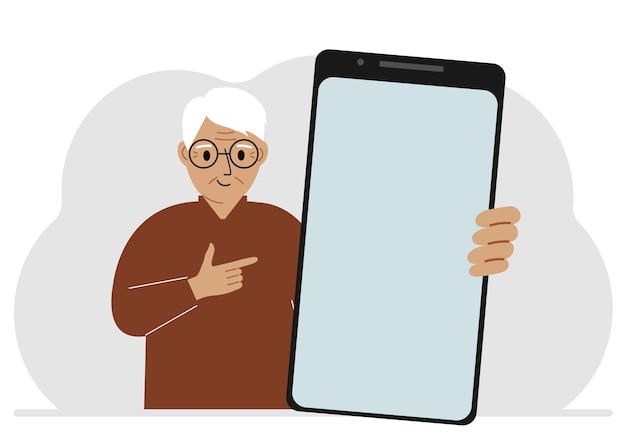 A man holds a mockup of a large smartphone with a blank screen and with his second hand points to the screen of the phone Vector flat illustration