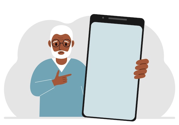 A man holds a mockup of a large smartphone with a blank screen and with his second hand points to the screen of the phone vector flat illustration