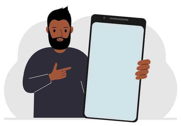 A man holds a mockup of a large smartphone with a blank screen and with his second hand points to the screen of the phone vector flat illustration
