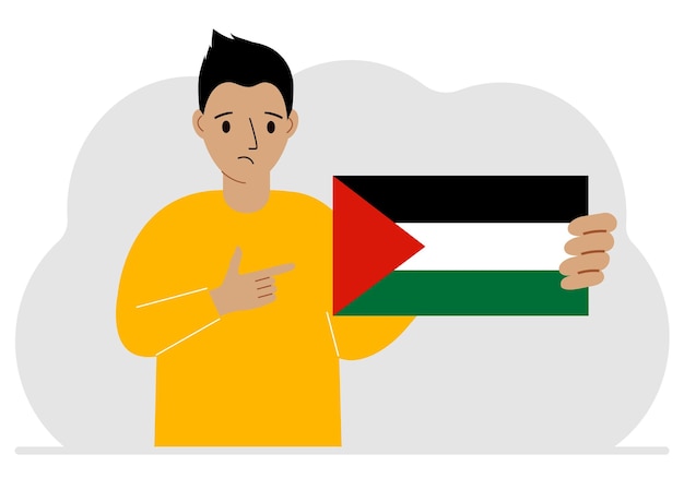 A man holds a Palestinian flag in his hand Vector flat illustration