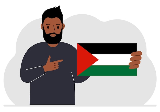 Vector a man holds a palestinian flag in his hand vector flat illustration