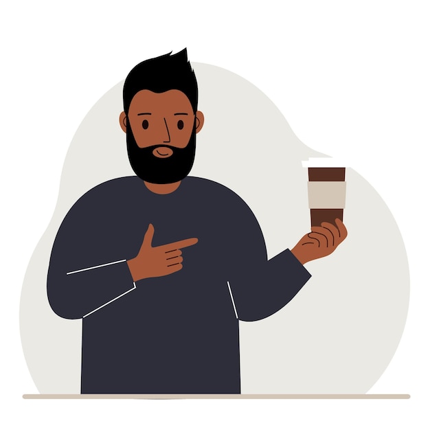 Vector a man holds a paper cup with coffee