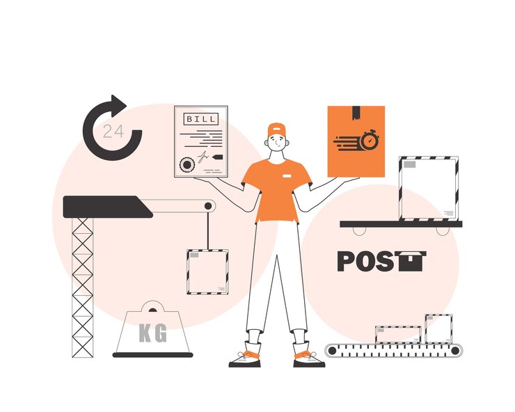Vector a man holds a parcel and a check in his hands parcel delivery concept linear style