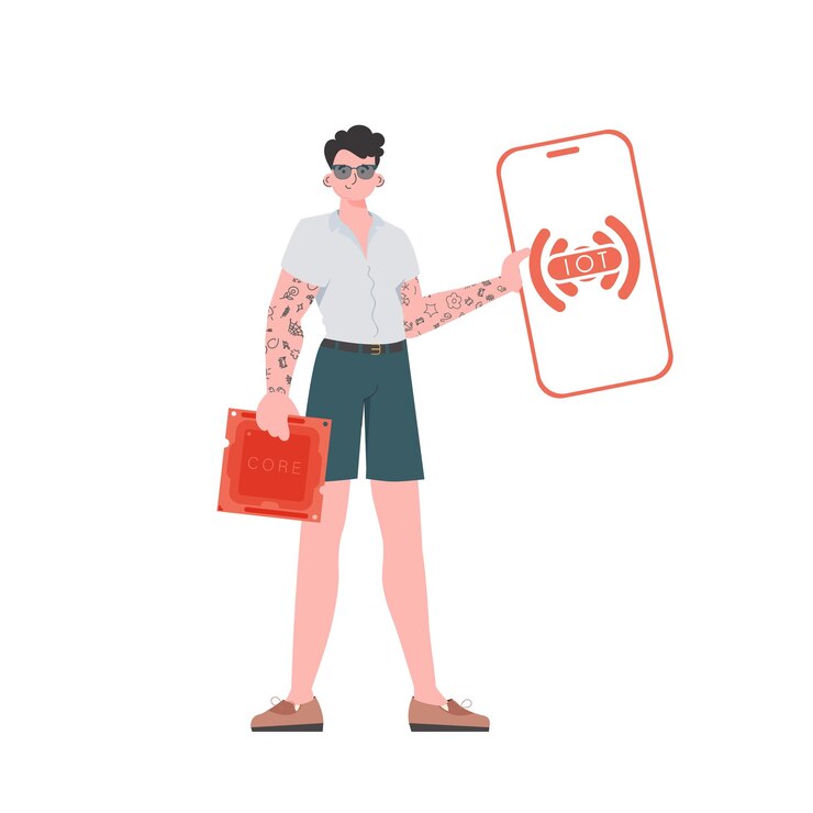 Vector a man holds a phone with the iot logo in his hands internet of things and automation concept trendy flat style vector illustration